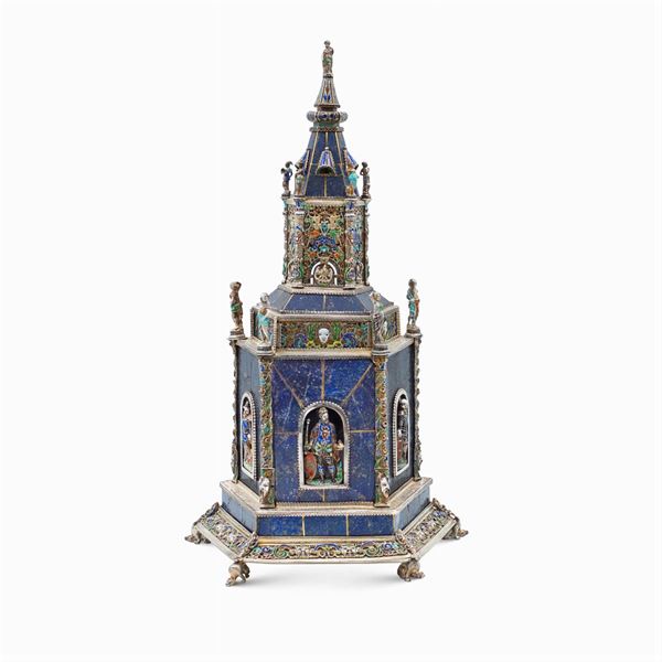 Lapis lazuli, silver and polychrome enamels sculpture