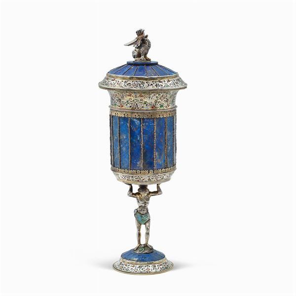 Lapislazuli, silver and polychrome enamel cup with lid  (Vienna, late 19th century)  - Auction FINE SILVER AND THE ART OF THE TABLE - Colasanti Casa d'Aste