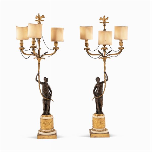 Pair of electrified burnished and gilt bronze candelbra
