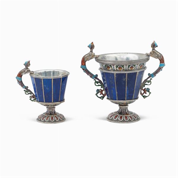 Two silver, lapis lazuli and polychrome enamel cups