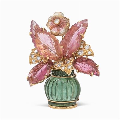 Spilla Cestino di Fiori in Oro Giallo 18kt e Tormaline