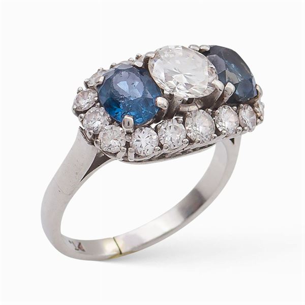 Platinum, diamond and sapphire ring