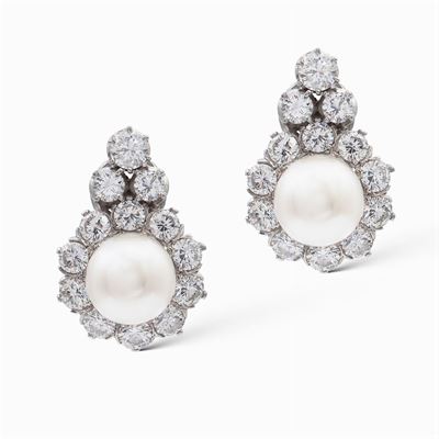 Orecchini in Oro Bianco 18kt, Diamanti e Perle Coltivate