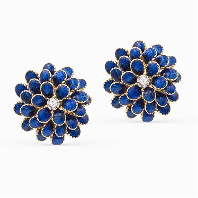 Orecchini Fiore in Oro Giallo 18kt e Smalto Blu