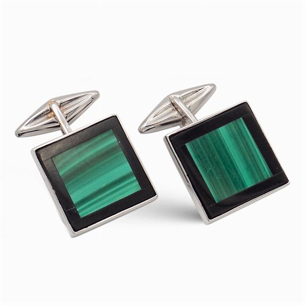 Gemelli squadrati in oro bianco 18kt malachite e onice nero