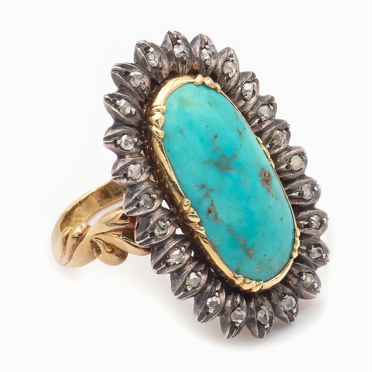 Anello in Oro Giallo e Argento con Turchese Naturale