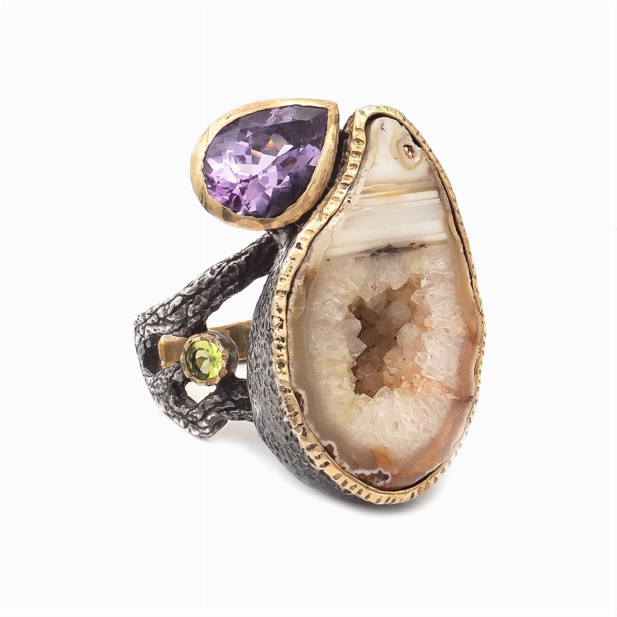 Anello Scultura in Oro Giallo e Argento con Agata Naturale