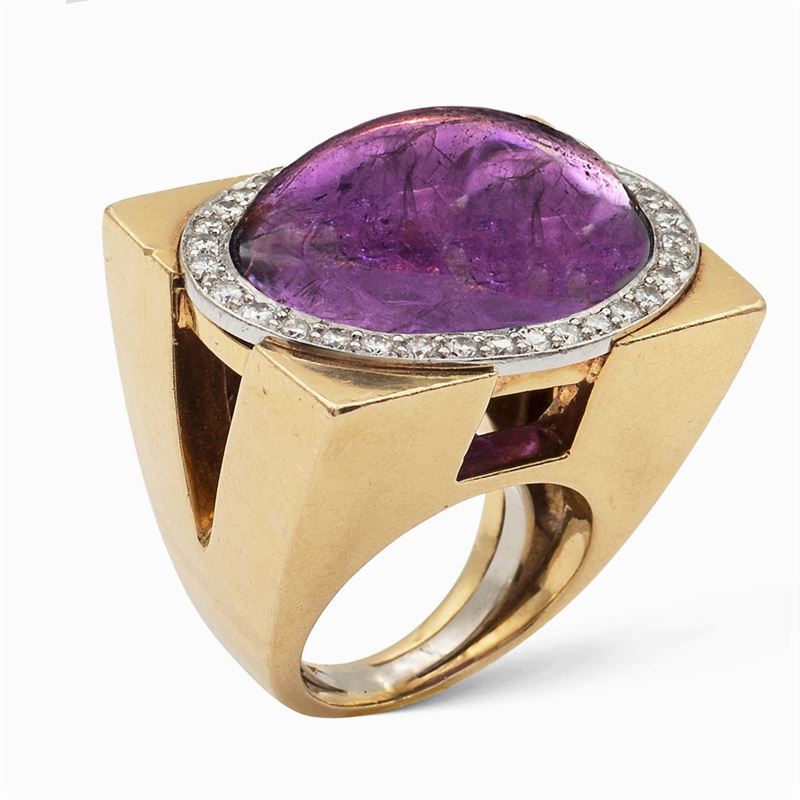 David Webb, Anello a Ponte in Oro Giallo e Bianco 18kt e Ametista
