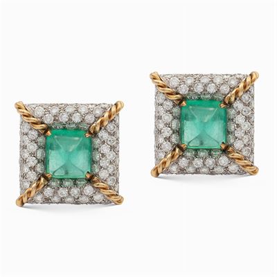 Orecchini in Oro Bianco e Giallo 18kt con Smeraldi e Diamanti