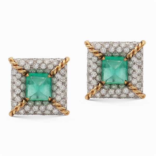 Orecchini in oro bianco e giallo 18kt con smeraldi e diamanti