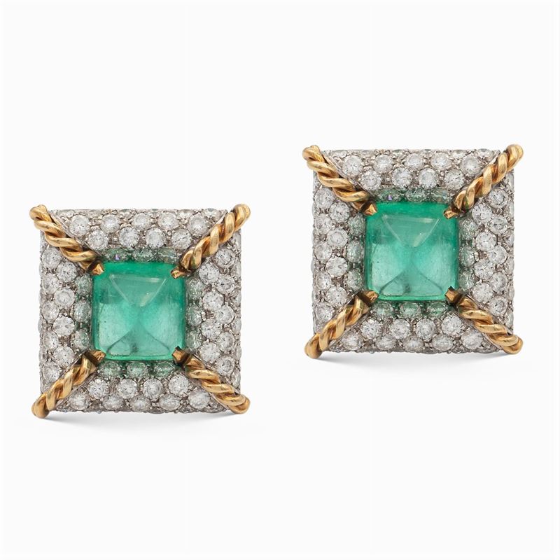 Orecchini in Oro Bianco e Giallo 18kt con Smeraldi e Diamanti