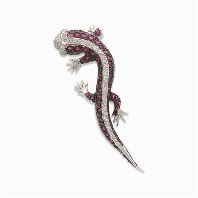 Spilla Geco in Oro Bianco 18kt con Rubini e Diamanti