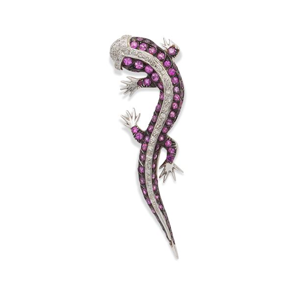 18kt white gold, pink sapphires and diamond geco brooch