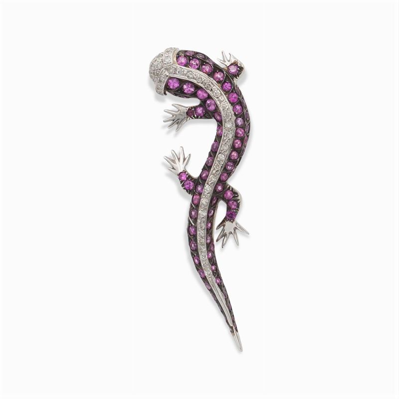 Spilla Geco in Oro Bianco 18kt con Zaffiri Rosa e Diamanti