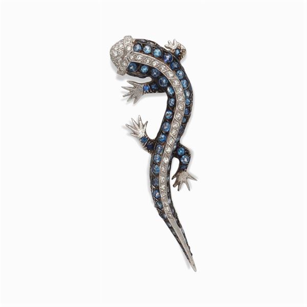 18kt white gold, sapphires and dimond geco brooch  - Auction FINE JEWELS AND WATCHES - Colasanti Casa d'Aste