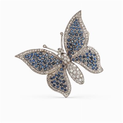 Spilla Farfalla in Oro Bianco 18kt con Zaffiri e Diamanti