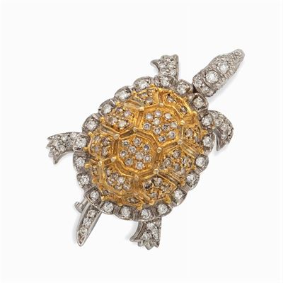 Spilla Tartaruga in Oro Bianco e Giallo 18kt e Diamanti