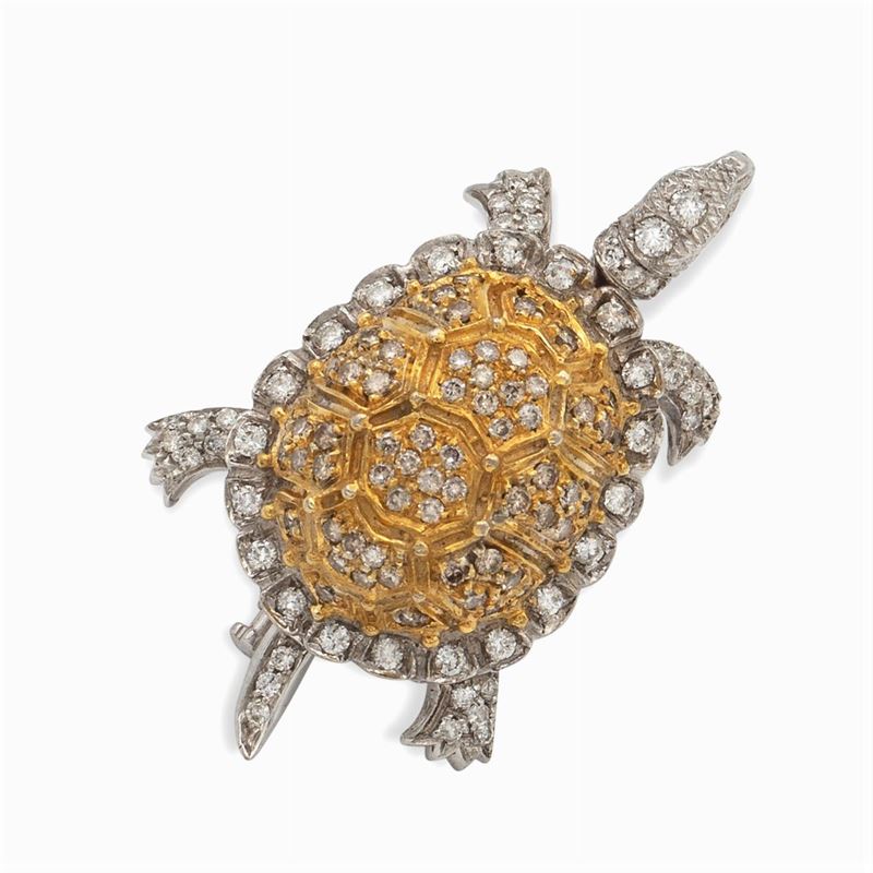 Spilla Tartaruga in Oro Bianco e Giallo 18kt e Diamanti