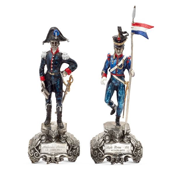 Pair of silver and polychrome enamel soldiers