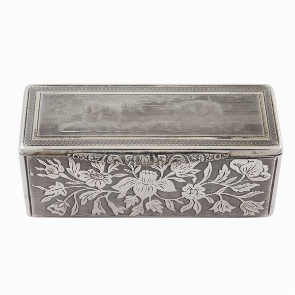 A rectangular silver box