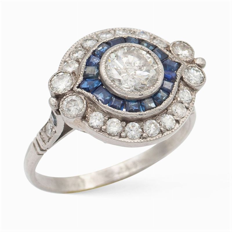 Anello Decò in Platino Diamanti e Zaffiri
