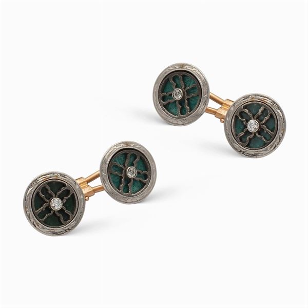 Round platinum, rose gold and green enamel cuff links