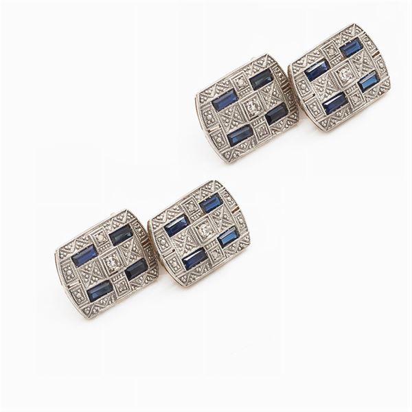 Rectangular platinum, yellow gold, diamond and sapphire cuff links
