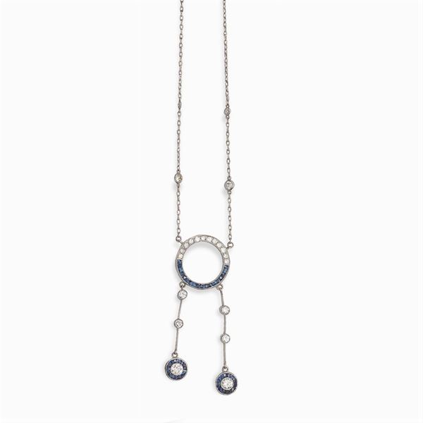 Collana Decò in platino diamanti e zaffiri