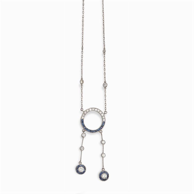Collana Decò in Platino Diamanti e Zaffiri