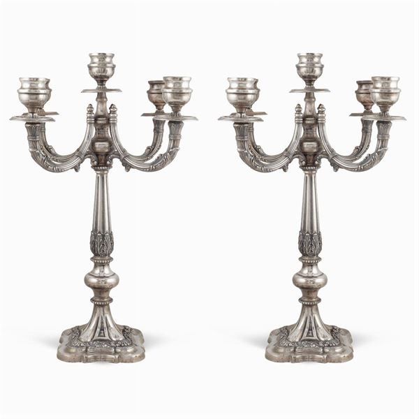 Pair of 5 lights silver candelabra  (Italy, 20th century)  - Auction FINE SILVER AND THE ART OF THE TABLE - Colasanti Casa d'Aste