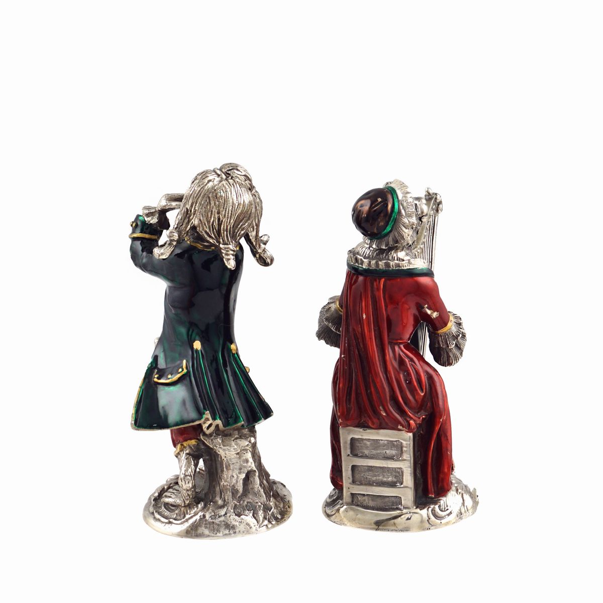 Coppia di Sculture in Argento e Smalto Policromo