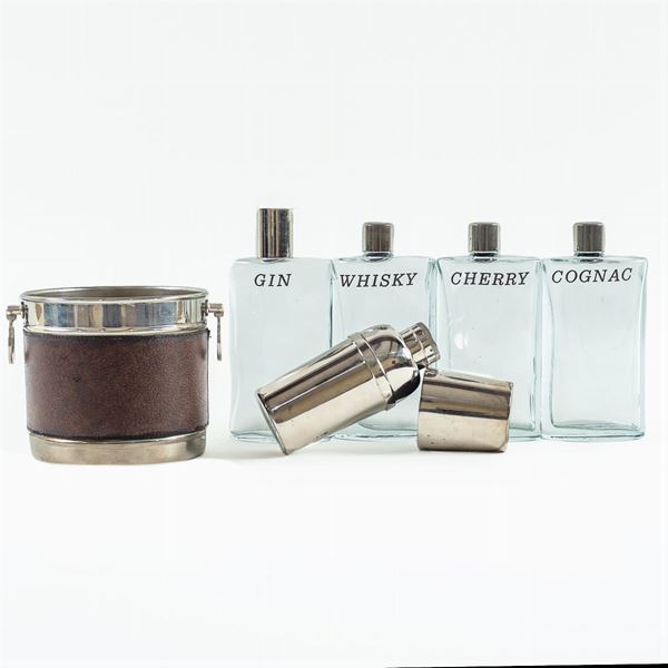 Gucci, set da liquore in pelle, vetro e metallo