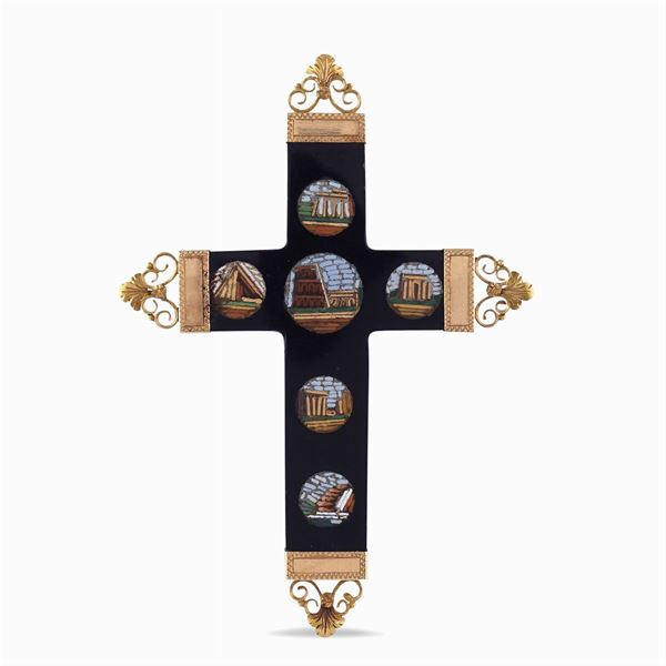 18kt rose gold and micromosaic cross pendandt brooch