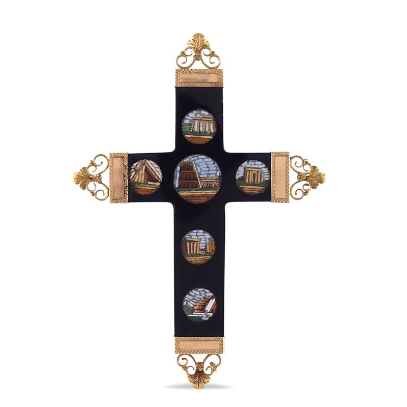 Spilla pendente croce in oro rosa 18kt e micromosaico