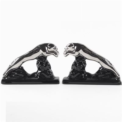 Due Sculture Pantere Fermalibri in Ceramica Nera e Argento