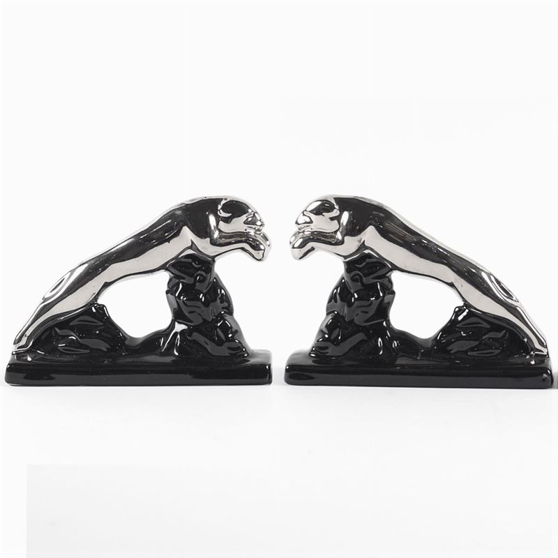 Due Sculture Pantere Fermalibri in Ceramica Nera e Argento