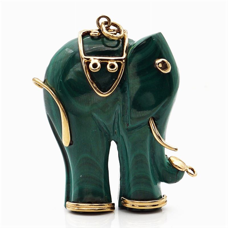 Pendente Elefante in Malachite e Oro Giallo 18kt