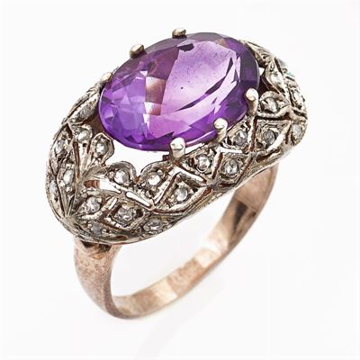 Anello in Oro Rosa 9kt e Argento con Ametista