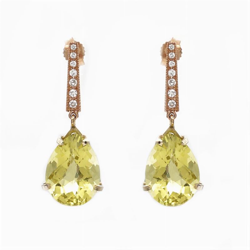 Orecchini Pendenti in Oro Rosa 18kt Citrini Lemon e Diamanti