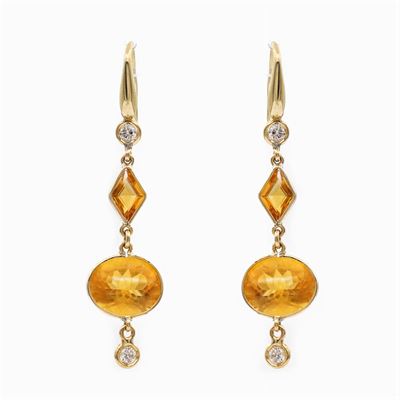 Orecchini Pendenti in Oro Giallo 18kt Citrini e Diamanti