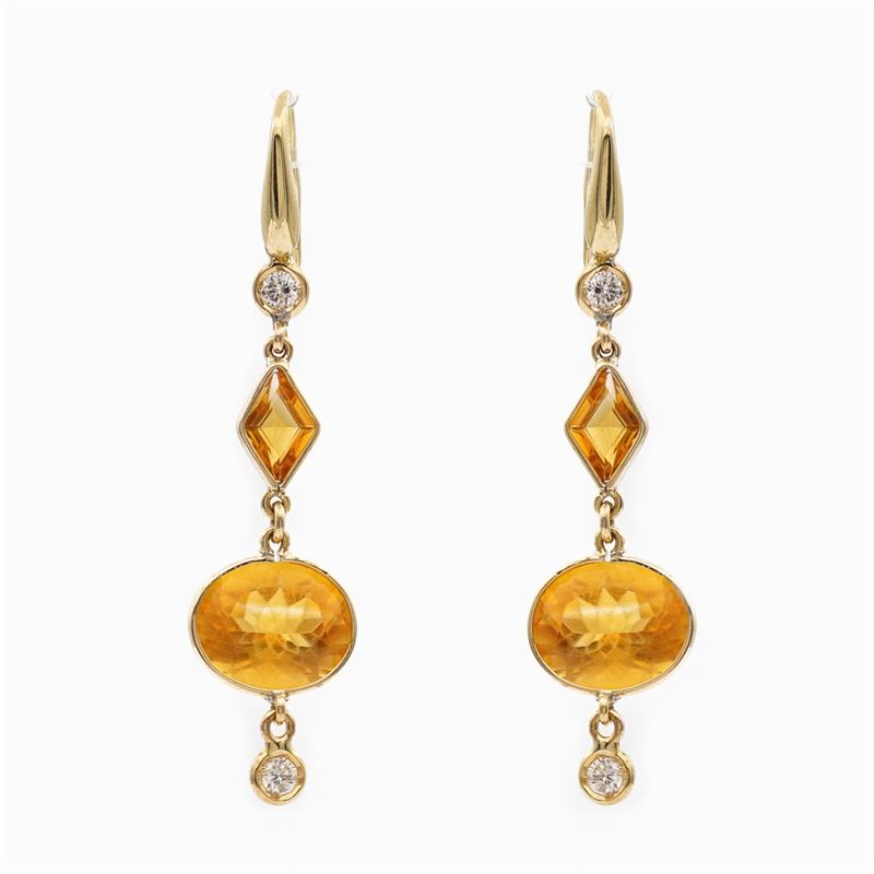 Orecchini Pendenti in Oro Giallo 18kt Citrini e Diamanti