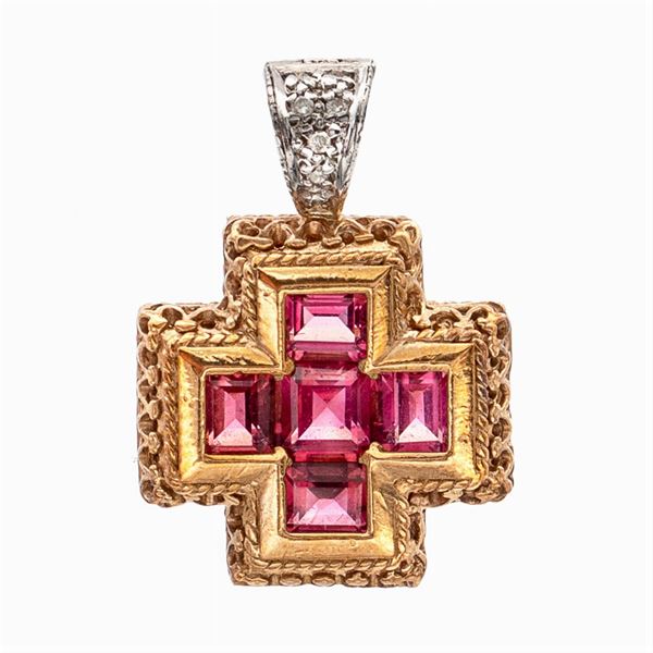 Pendente croce in oro a due colori 18kt