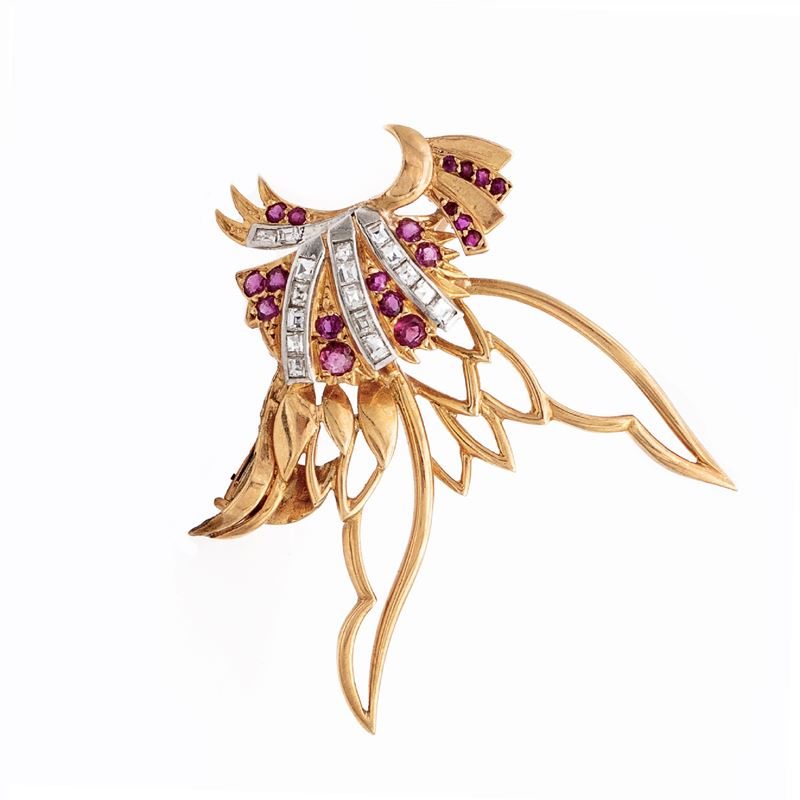 Spilla oro giallo e bianco 14kt con diamanti e rubini