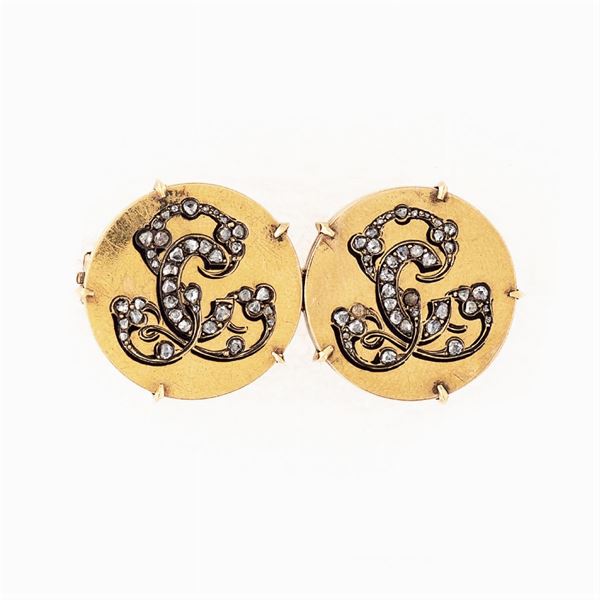 Spilla monogrammi in oro giallo 14kt e rose di diamante