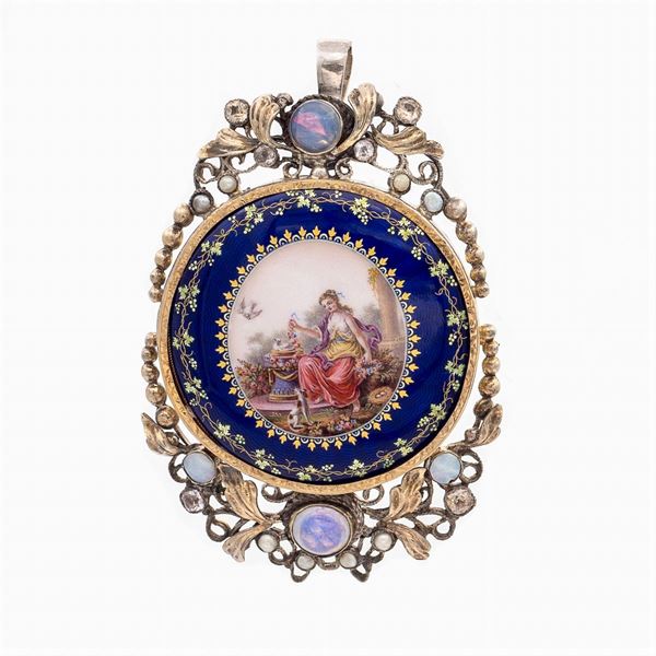 Pendente spilla in argento e oro con miniatura