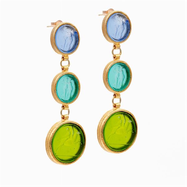 Gilded silver and glass paste pendant earrings