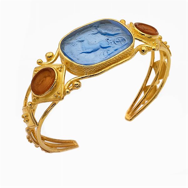 Gilded silver and glass paste cuff bracelet