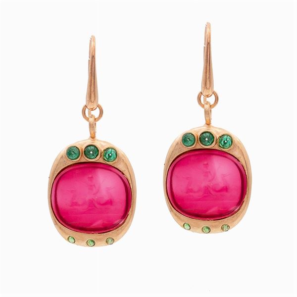 Rose silver and glass paste pendant earrings