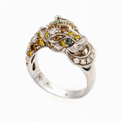 Anello a Pantera in Oro Bianco 18kt e Diamanti