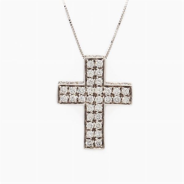 Pendente croce in oro bianco 18kt e diamanti